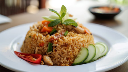 Nasi Goreng - Indonesian Chicken Fried Rice on White plateの素材
