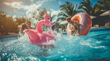 Funny action photo in the outdoor swimming pool with splashes of inflatable flamingoの素材