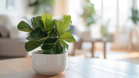 Fiddle-Leaf Fig Tree in white pot on wooden tableの素材