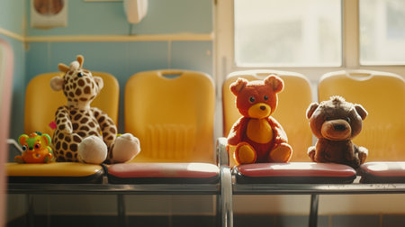 Animal toys sitting on the chair in the waiting room of a hospitalの素材