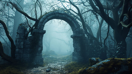 Archway in an enchanted fairy forest landscape, misty dark mood, can be used as backgroundの素材