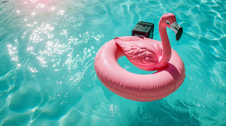 Pink flamingo inflatable belt with travel suitcase in turquoise blue waterの素材