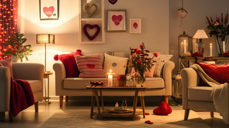 Cozy living room decorated for Valentine's Dayの素材