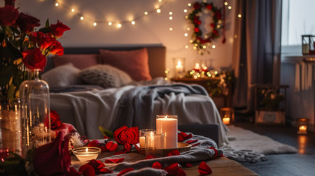 coziness, interior and romantic date concept , cozy home bedroom decorated for valentines dayの素材