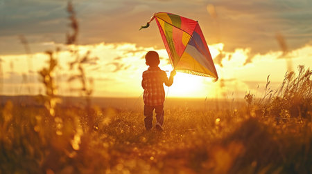 panoramic view of young boy hold a colorful kite infront of BIG SUNRISEの素材