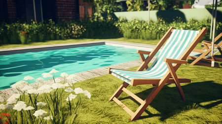 Lawn chairs and swimming pool in backyardの素材