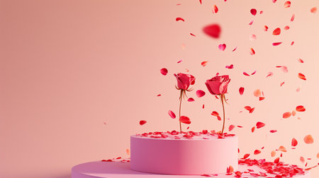 Pink product podium placement on solid background with rose petals fallingの素材