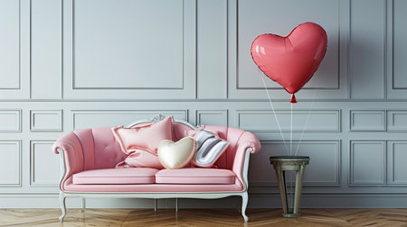valentines day, Pink sofa decorated with heart balloonの素材