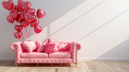 Beautiful pink sofa decorated with heart balloons, valentines dayの素材