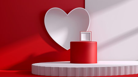 Realistic red and white cylinder pedestal podium with window heart shape backgroundの素材