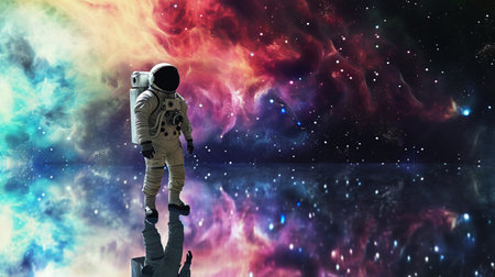 Space background. Astronaut standing on reflection surface with colorful fractal nebulaの素材