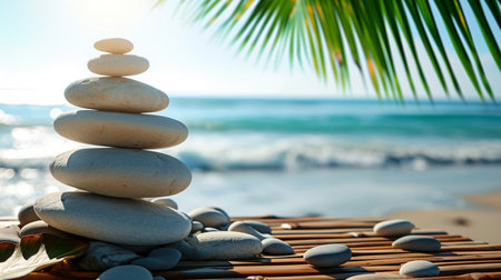 Stack of pebble stones at the beach on a wooden surface and palm leafsの素材