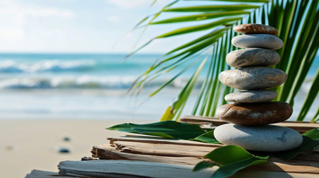 Stack of pebble stones at the beach on a wooden surface and palm leafsの素材