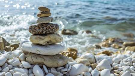 stone pile on white pebbles by the shoreの素材