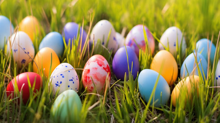 many colorful easter eggs in the grass on a meadow for easter as a panorama headerの素材
