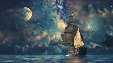 A dreamy book cover showcasing an expansive ocean under a starlit skyの素材