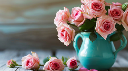 Bouquet of pink roses in turquoise ceramic vase, copy space, shabby chicの素材