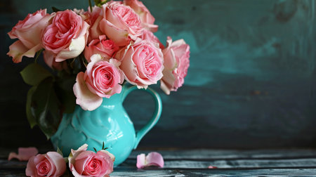 shabby chic, Bouquet of pink roses in turquoise ceramic vaseの素材