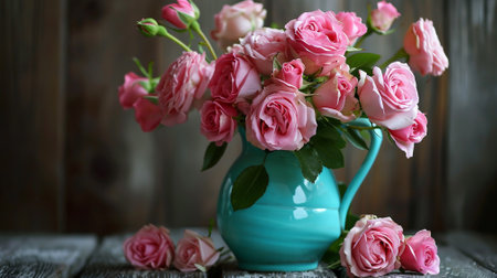 Beautiful bouquet of pink roses in turquoise ceramic vase, shabby chicの素材