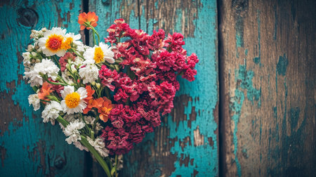 vintage heart from flowers on wooden table vintage valentin day backgroundの素材