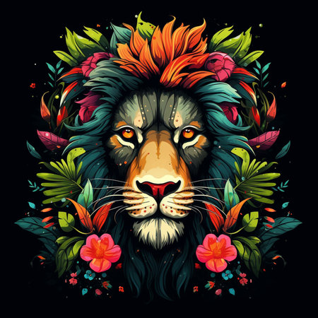 Abstract Paint Lion Head surrounded by Trophical Plant, black backgroundの素材