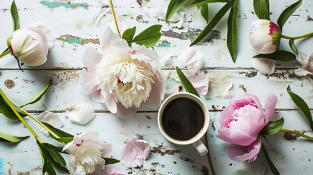 Peony flowers and coffee cup on shabby chic backgroundの素材