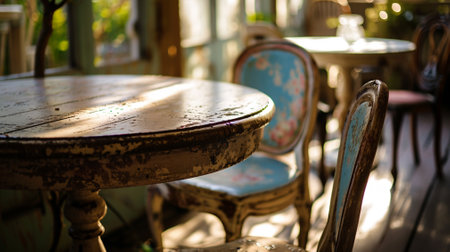table on cafe background. vintage style, shabby chicの素材