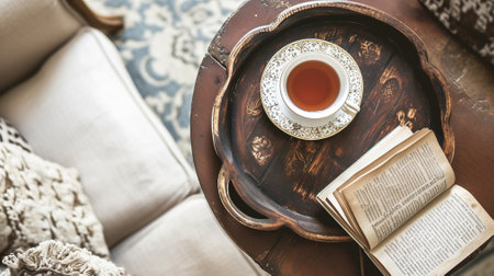 Still life details, cup of tea on retro vintage wooden tray on a coffee table in living roomの素材