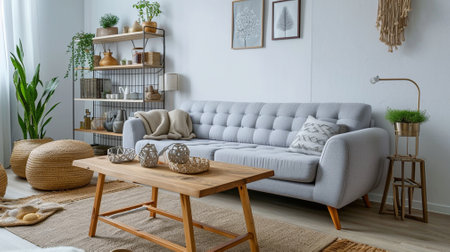 Stylish scandi compostion at living room interior with design gray sofaの素材