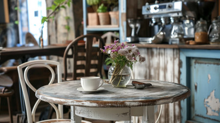 table on cafe background. vintage style, shabby chicの素材