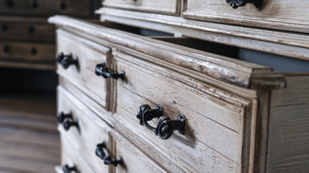 Vintage wooden chest of drawers with black metal handlesの素材