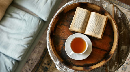 Still life details, cup of tea on retro vintage wooden tray on a coffee table in living roomの素材