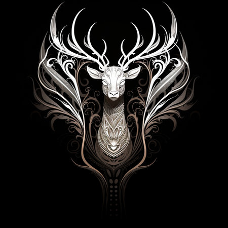 abstract feather black white deer, surrounded by trophical forest, black backgroundの素材