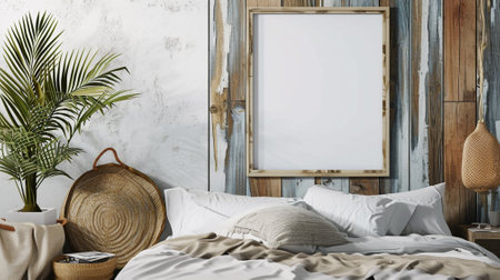 background, Mockup frame in bedroom interior, Coastal boho styleの素材