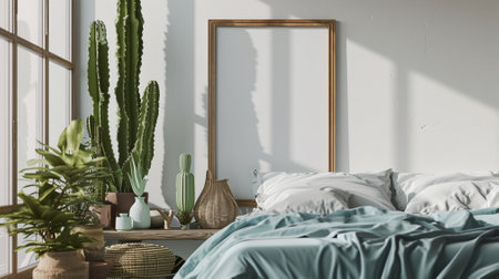 background, Mockup frame in bedroom interior, Coastal boho styleの素材