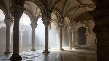 A misty interior with arches and columnsの素材