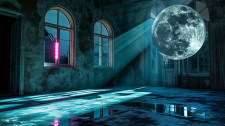 Dark scary fantasy room with windows and doors. Big moonの素材
