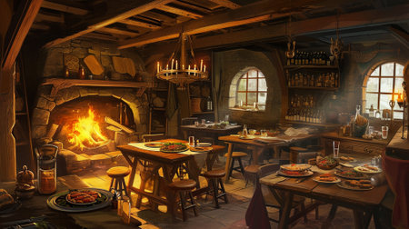 fantasy medieval tavern with food and drink on tables around an open fireplaceの素材