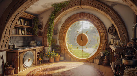 Fantasy tiny storybook style home interior cottage background with rustic accentsの素材