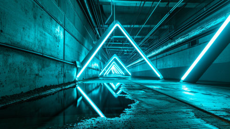 Fluorescent Triangle Shaped Neon Glowing Vibrant Blue Laser Lightsの素材