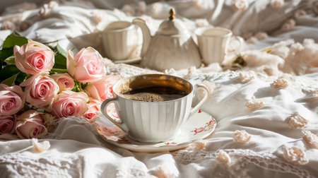 romantic coffee served to bed with bunch of pink roses in shabby chic style interiorの素材