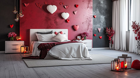 Modern interior of bedroom decorated for Valentine's Dayの素材