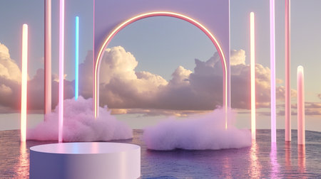 Natural beauty podium backdrop for product display with dreamy cloud and neon light backgroundの素材