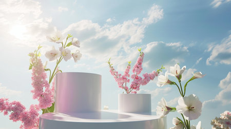 beauty podium backdrop for product display with dreamy sky backgroundの素材