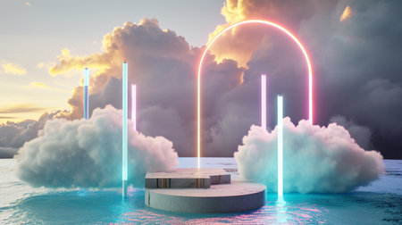 Natural beauty podium backdrop for product display with dreamy cloud and neon light backgroundの素材