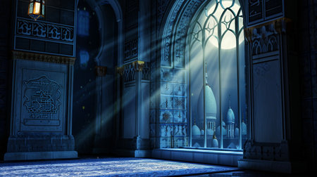 Moon light shine through the window into islamic mosque interior. Ramadan Kareem islamic backgroundの素材
