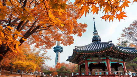 Namsan Tower and pavilion during the autumn leavesの素材