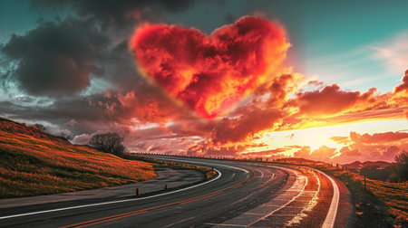 Red heart shaped sky at sunset. Beautiful landscape with road and clouds.Love backgroundの素材