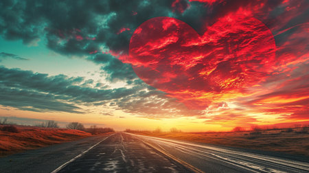 Red heart shaped sky at sunset. Beautiful landscape with road and clouds.Love backgroundの素材