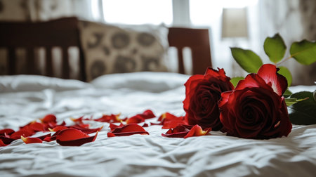 Rose on the bed in the hotel rooms. Rose and her petals on the bed for a romantic eveningの素材